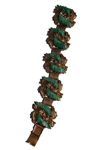 True Vtg 1960s Green & Gold Fold Over Clasp Women’s Designer Costume Bracelet