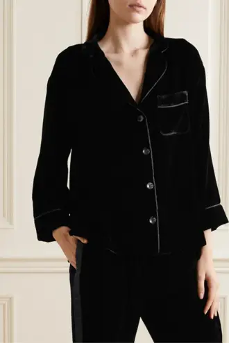 Sleepy Jones Marina Grosgrain-trimmed Silk Blend Black Velvet Pajama Shirt S
