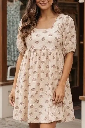 Rylee & Cru Brea Floral Mini Puff Sleeve Dress in Kauai Tan Size XS