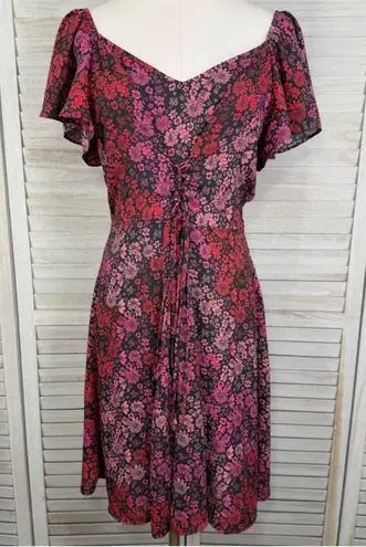 Belle Sky Cottagecore Floral Midi Dress with Laced Bust Black/Pink Floral-M