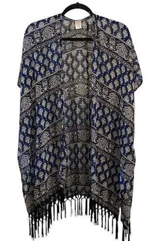 Boho western Navy Blue black Sheer tassel fringe kimono cover up Fall Festival Size undefined