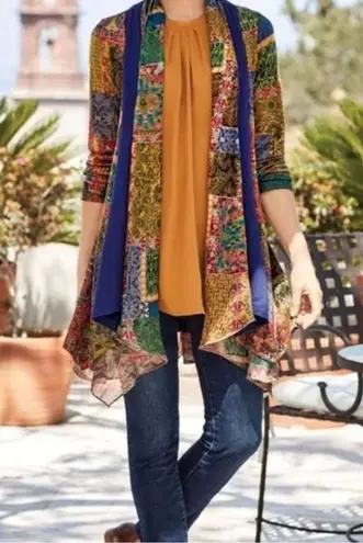 Soft Surroundings Izmir Topper Scarf Gold Blue Mixed Print Cardigan Boho