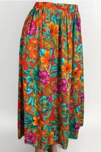 Leslie Fay Vtg. Sportswear Midi Skirt Women 12 Bright Floral Hawaiian Aloha Rayon