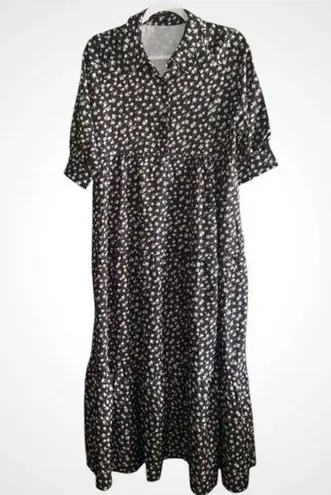Prairie Midi Short Sleeve Flowy Peach & White Floral Black Button Front Dress L Size L