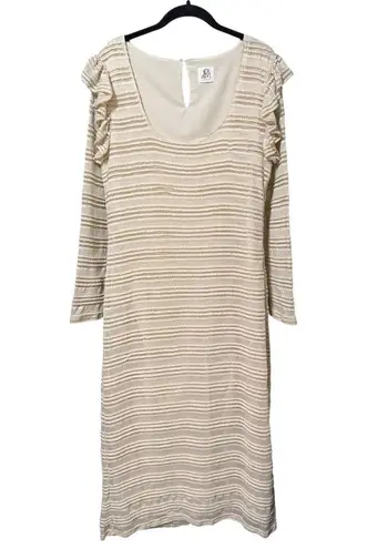 dRA Los Angeles Cream Beige Crochet Striped Midi Dress Ruffle Sleeves Large Tan