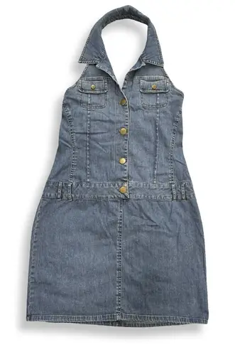 Forenza Dress Y2K Womens 12 Denim Halter Button Front Blue Jean Pockets VTG 90s