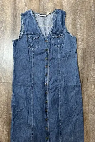 Vintage 90s Denim Sleeveless Maxi Dress Center Buttons Womens Medium Blue