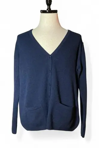 ISLE ESSENTIALS Navy Blue 100% Merino Wool V Neck Button Front Cardigan Sweater Size L