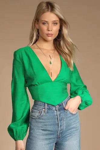 Lulus Green Tie Back Crop Top Plunging V Neck Long Sleeve Blouse XS