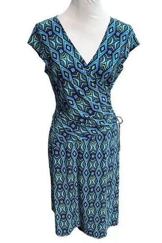 Evan Picone Pattern Faux Wrap Midi Dress Blue Teal Black Size 10