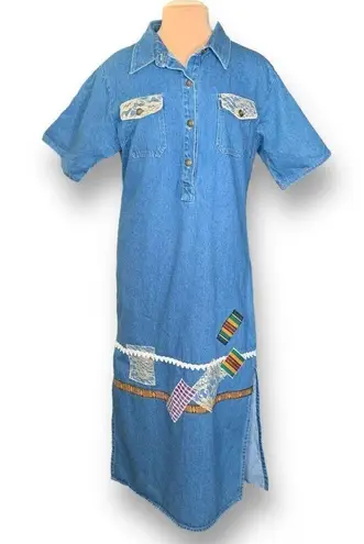 Vintage Denim Dress Button Front Medium Wash Short Sleeve Custom Lace OOAK Blue Size L