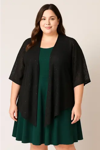 Chico's  Black Sequin Lace Open Front Kimono Cardigan Sequins OS Stretch Holiday thumbnail 1