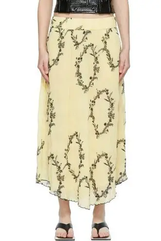 Ganni NWT Georgette Floral Pleated Yellow Chiffon Midi Skirt 42 US 10/12