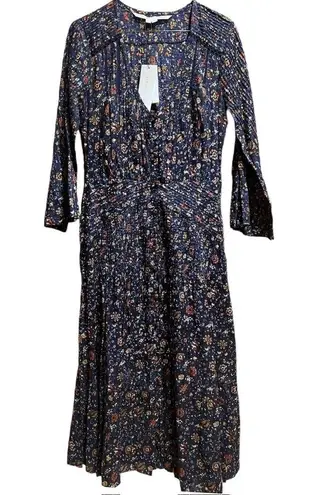 Veronica Beard NWT Shireen Button-Front Floral Print Pleated Dress in Ink Sz 2