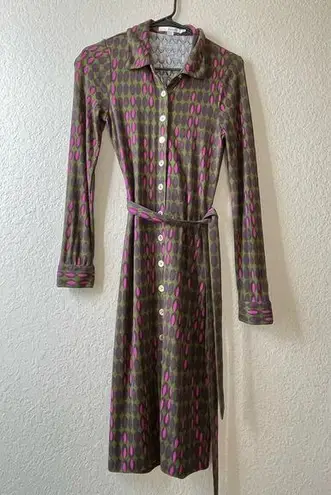 Boden button up shirt dress 70s long sleeve belted indie printed teacher career Green Size 2