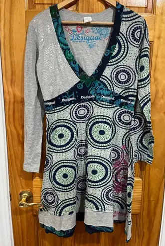 Desigual Long Sleeve Boho Tunic Dress Multicolor Print V-Neck Women’s XL