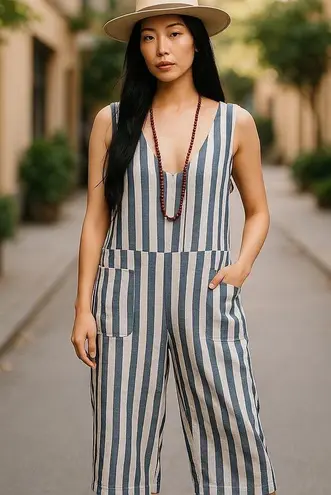 Women’s Beach Lunch Lounge Cotton Stripped Cropped Jumpsuit Nautical Vacation XL