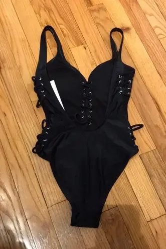 One Piece NWT Bikini  Lace Up Plunge Sides Open Low Back Bust Padded Tong V Deep Neck Backless Swimsuit Beach Summer Sexy rave goth corset cutouts sides Y2K Whimsgoth Whimsical Rave Goth