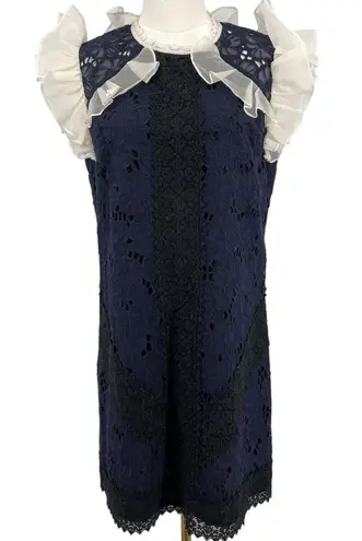Rebecca Taylor Women's High Neck Ruffle Lace Dress Size 6 Navy Ivory OOAK