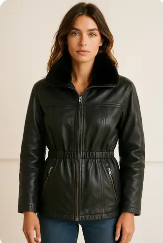 Vintage 90s Metropolitan New York Leather Jacket Fur Collar Cinched Waist Medium Black