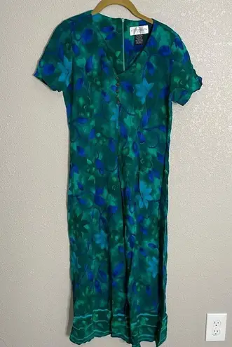 Vintage Blue  Green Floral Maxi Dress 6 Petite