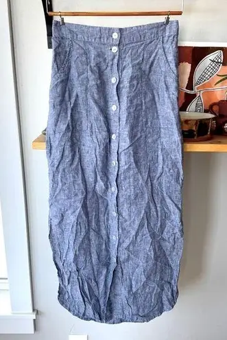 St. Tropez Chambray Blue Linen Button Front Midi Skirt Size Small