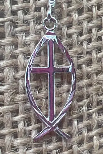 Sterling Silver Ichthys Cross Dangle Earrings Diamond Cut Hook 1.25" 1.74g