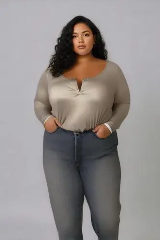 Capella Plus Size Dunkin’ Latte Long Sleeve Split Neck Linen Blend Bodysuit Tan