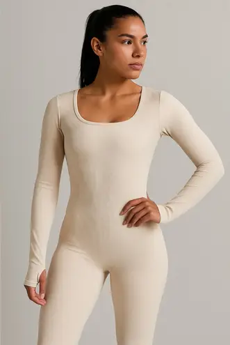 Women’s Long Sleeve Ribbed Athletic Jumpsuit – Nude Beige One Piece Size M Size M