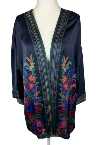 DR2 Womens Floral Kimono Sz S/M Multicolor Open Front Boho Colorful Lightweight Blue