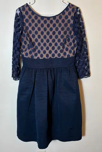 Eliza J Navy Dot Mesh Bodice Fit & Flare Dress Size 6