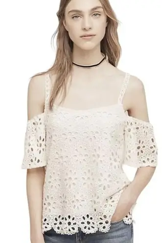 ANTHROPOLOGIE HARLYN EYELET CROCHET COLD SHOULDER SHORT SLEEVE IVORY CREAM TOP S White