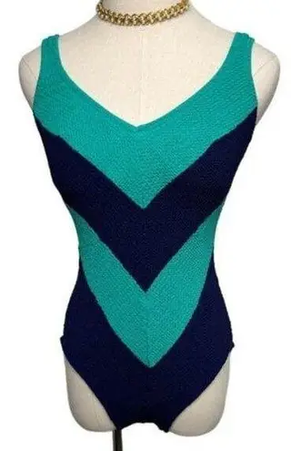 Vintage Robbie Len waffle knit Chevron leotard swimsuit size S/M Blue