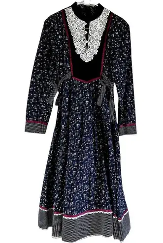 Gunne Sax Vintage 1970 Prairie Midi Dress Floral Lace Trim Cotton Blue White 5 S