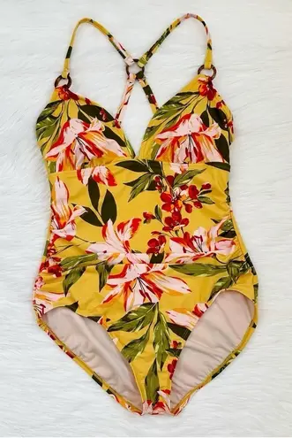 Kona Sol Mustard Yellow Floral High Coverage One Piece Swimsuit, Sz Large