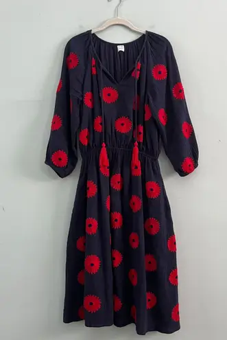 Met St. Barth Mer St. Barth Solange Navy Blue Floral Embroidery Popover Midi Dress