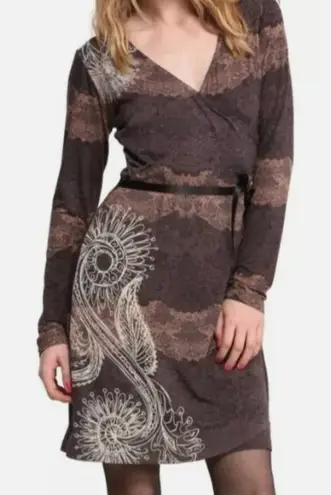 Desigual Why? 47V2048 Women's Brown Faux Wrap Embroidered Belted Dress sz. M