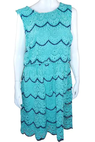 Luxology Womens 14 Blue Teal Crochet Lace Sleeveless Midi Dress Elastic Waist