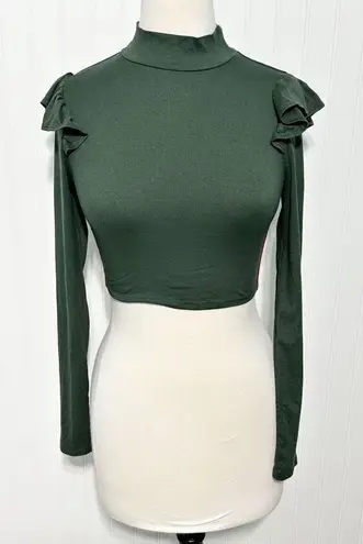 Women's Mock Neck Long Sleeve Ruffles Shoulder Crop Top Olive Green Size Small