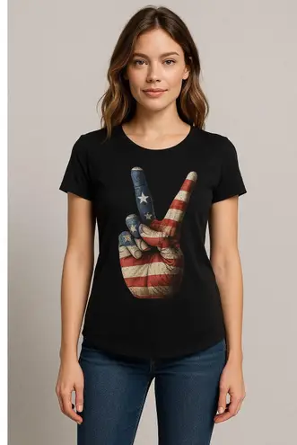 Vintage Grunge Americana Flag Peace Sign Graphic Tee Black T