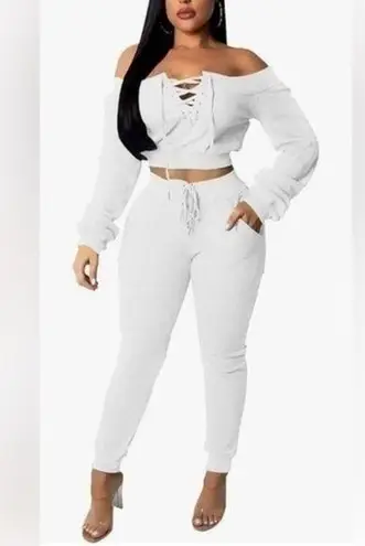Long Sleeve Two Piece Outfit Tracksuit Lace Up Off Shoulder Casual Sweatsuit White Size undefined