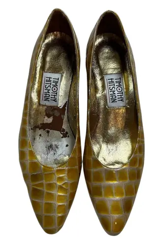 Timothy Hitsman Gold Crocodile Embossed Pointed Toe Heels Women's Size 8