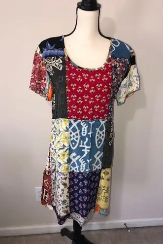 Sacred Threads Size S Dress Patchwork Art to Wear Shift Short Sleeve Mixed Print