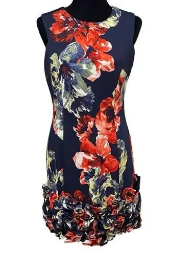 Donna Ricco Tropical Floral Cupcake Hem Scuba Sheath Dress Navy Size 10