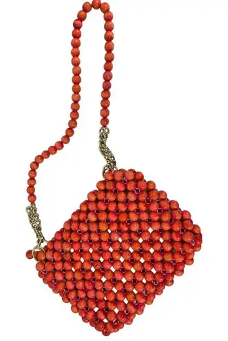 VTG 60s Wooden Bead Shoulder Purse Red/Coral Silver Chain Zipper Pink Interior Red