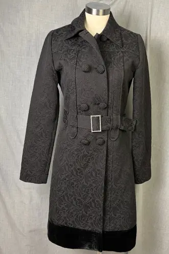 Arden B Black Jacquard Brocade Belted Victorian Gothic Coat Medium