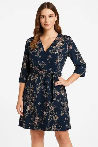 NWT 41 Hawthorn Dress Womens Navy Wrap Dress Floral Belted V