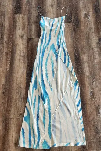 Retrofete Amika Dress in Blue Zebra Size Small Sleeveless Maxi Silk Thigh Slit