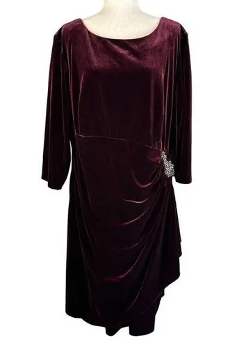 Alex Evenings Womens Dress 24W Plus Wine Velvet Beaded Waist 3/4 Sleeve Holiday