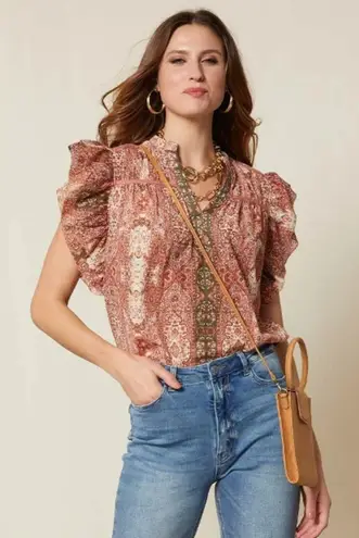 Good Hart‎ The Style Charm Medallion Print Short Sleeve Top Multi Size Medium Red - Image 1